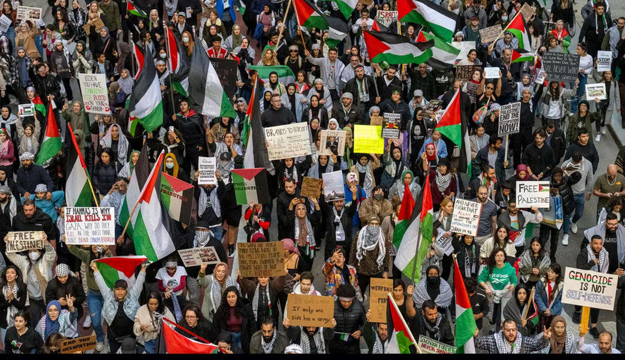 Serangan udara Israel yang menewaskan ratusan orang di sebuah rumah sakit Gaza juga menjadi seruan para demonstran. (Tyler Pasciak LaRiviere/Chicago Sun-Times via AP)