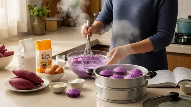 Membuat Bolu Ubi Ungu Kukus Tanpa Mixer
