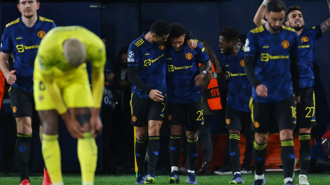 Selebrasi Jadon Sancho usai mencetak gol untuk MU kala melawan Villarreal di Liga Champions