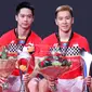 Ganda putra Kevin Sanjaya Sukamuljo/Marcus Fernaldi Gideon merayakan kemenangan di Denmark Open 2019. (PBSI)