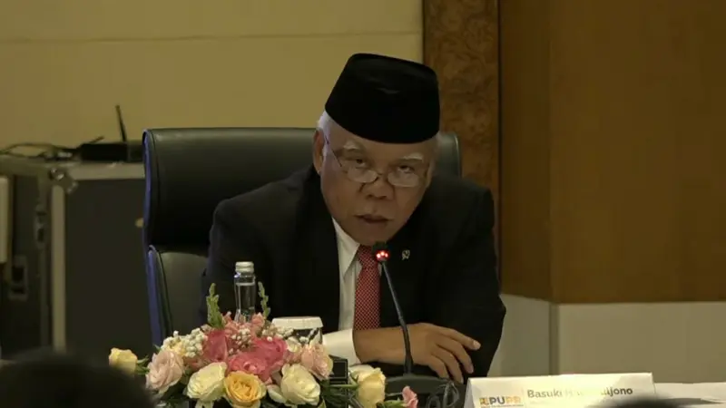 Menteri PUPR Basuki Hadimoeljono dalam konferensi pers RAPBN dan Nota Keuangan 2024, di kantor Direktorat Jenderal Pajak, Jakarta, Rabu (16/8/2023). (Tira/Liputan6.com)