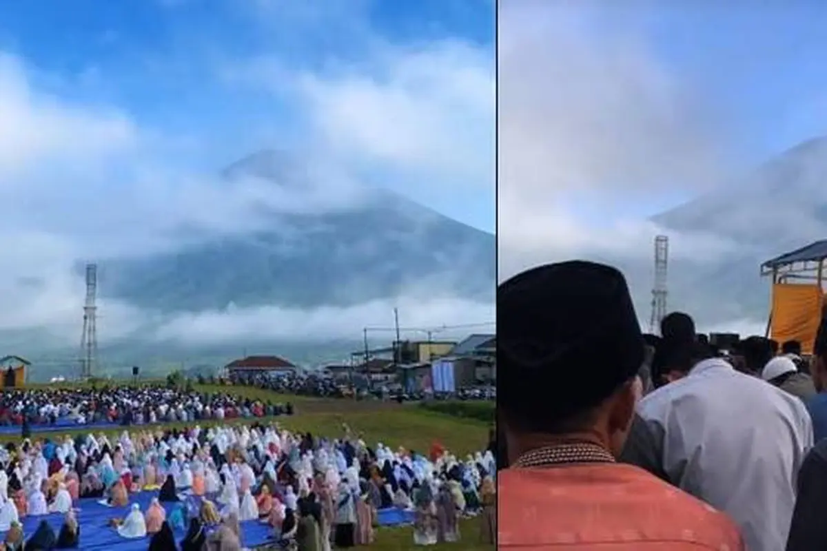 7 Potret Momen Sholat Ied di Wonosobo dengan Latar Belakang Gunung Ini Viral
