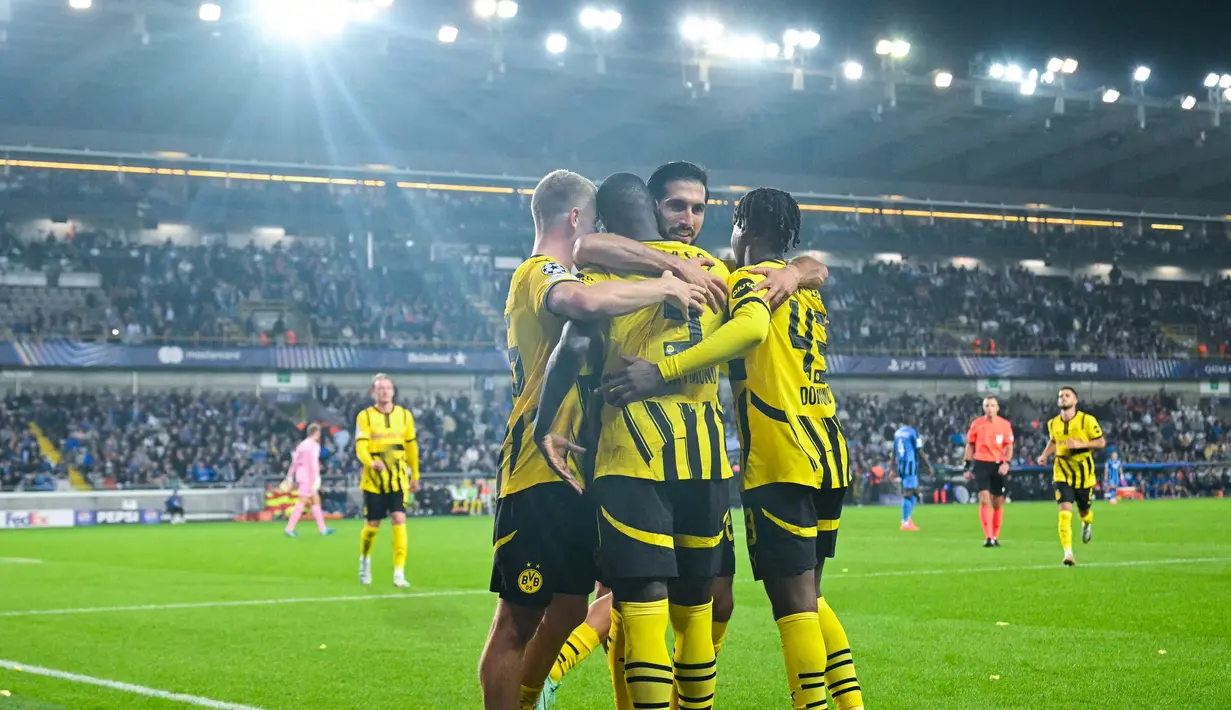 Borussia Dortmund sukses menghajar Club Brugge tiga gol tanpa balas dalam laga matchday 1 League Phase Liga Champions 2024/2025 di Stadion Jan Breydel, Kamis (19/9/2024) dini hari WIB. (AFP/Nicolas Tucat)