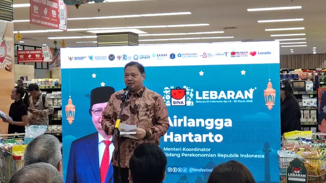 Menteri Koordinator Bidang Perekonomian, Airlangga Hartarto dalam peluncuran Program Belanja di Indonesia Aja atau BINA Lebaran 2026. (Liputan6.com/Arief)