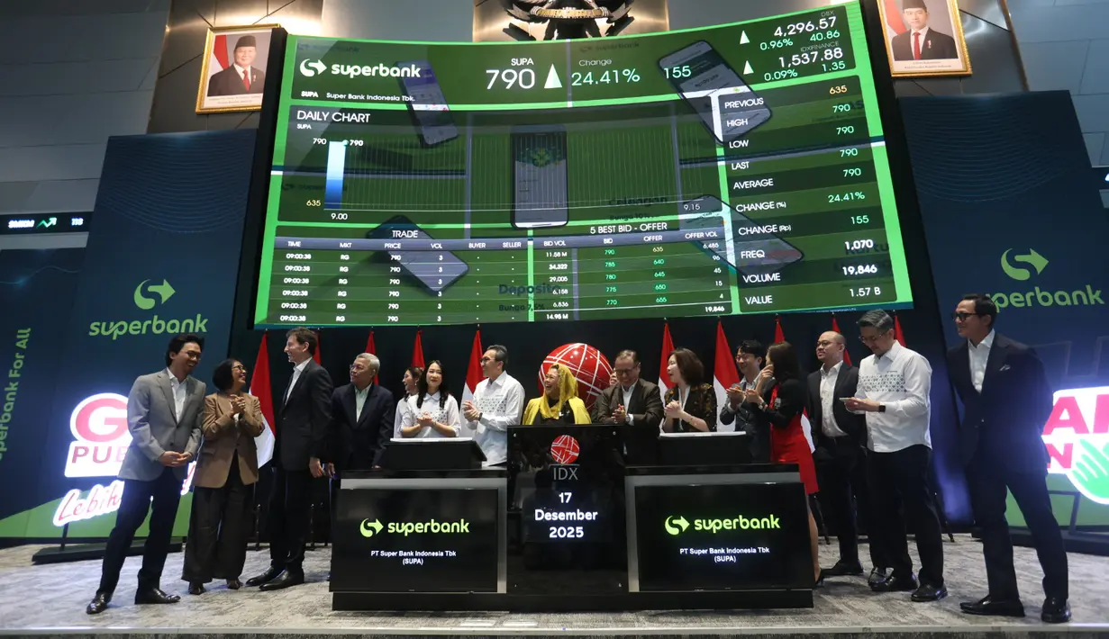 PT Super Bank Indonesia Tbk (IDX: SUPA; “Superbank”), bank dengan layanan digital yang didukung oleh Grab, Emtek, Singtel, KakaoBank, dan GXS, hari ini resmi mencatatkan saham perdananya di Bursa Efek Indonesia (IDX).  [Fimela/Budy Santoso]
