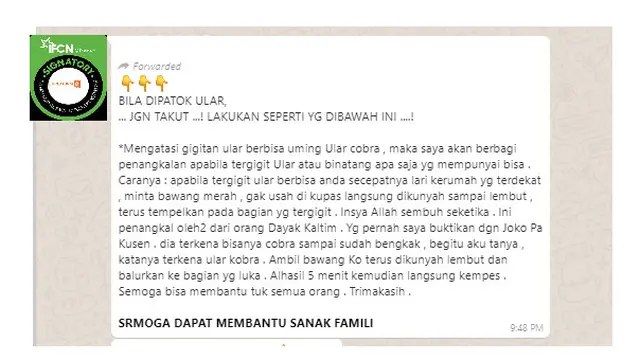 Cek Fakta Liputan6.com menelusuri informasi  penanganan digigit ular berbisa dengan bawang merah