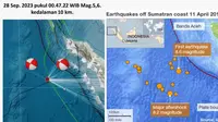 Gempa bumi magnitudo 5,6 mengguncang wilayah Samudera Hindia Barat Sumatera pada Kamis 28 September 2023 pukul 00.47.22 WIB.