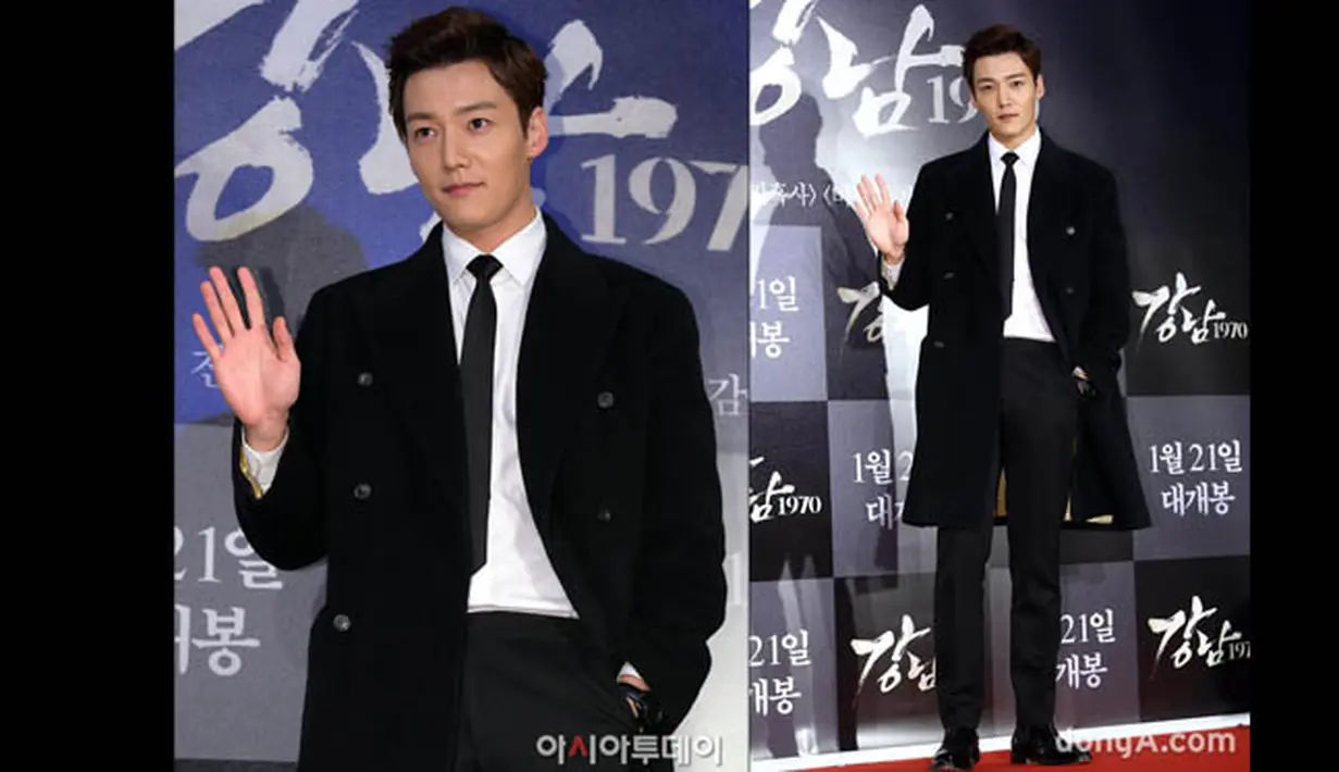 Aktor Choi Jin Hyuk dengan style rambut barunya, terlihat semakin manly saat berdiri di red carpet premier film Lee Min Ho, Gangnam Blues di Seoul Megabox, Selasa (20/1/2015) malam. (dramafever.com)