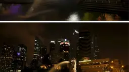 Kombinasi foto dari ikon pariwisata Singapura, Patung Merlion sebelum dan setelah lampu dimatikan saat memperingati Earth Hour di Singapura (19/3/2016). (Reuters / Edgar Su)