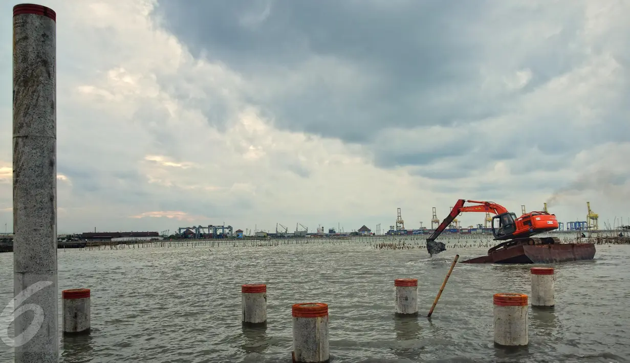 Alat berat mengeruk lumpur dan memasang tiang pancang untuk proyek pembangunan tembok penahan rob ( Giant Wall Sea ) di Kawasan Tambak Lorok Semarang, Jumat ( 12/2). (Gholib)