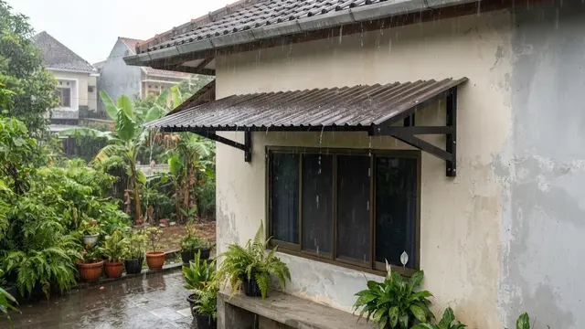 Desain kanopi di luar jendela kamar anti-tampias untuk cegah bocor di musim hujan model spandek untuk lindungi jendela