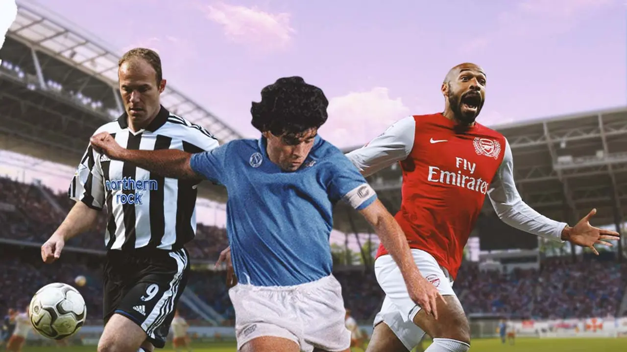 Ilustrasi - Diego Maradona Dikelilingi Thierry Henry dan Alan Shearer