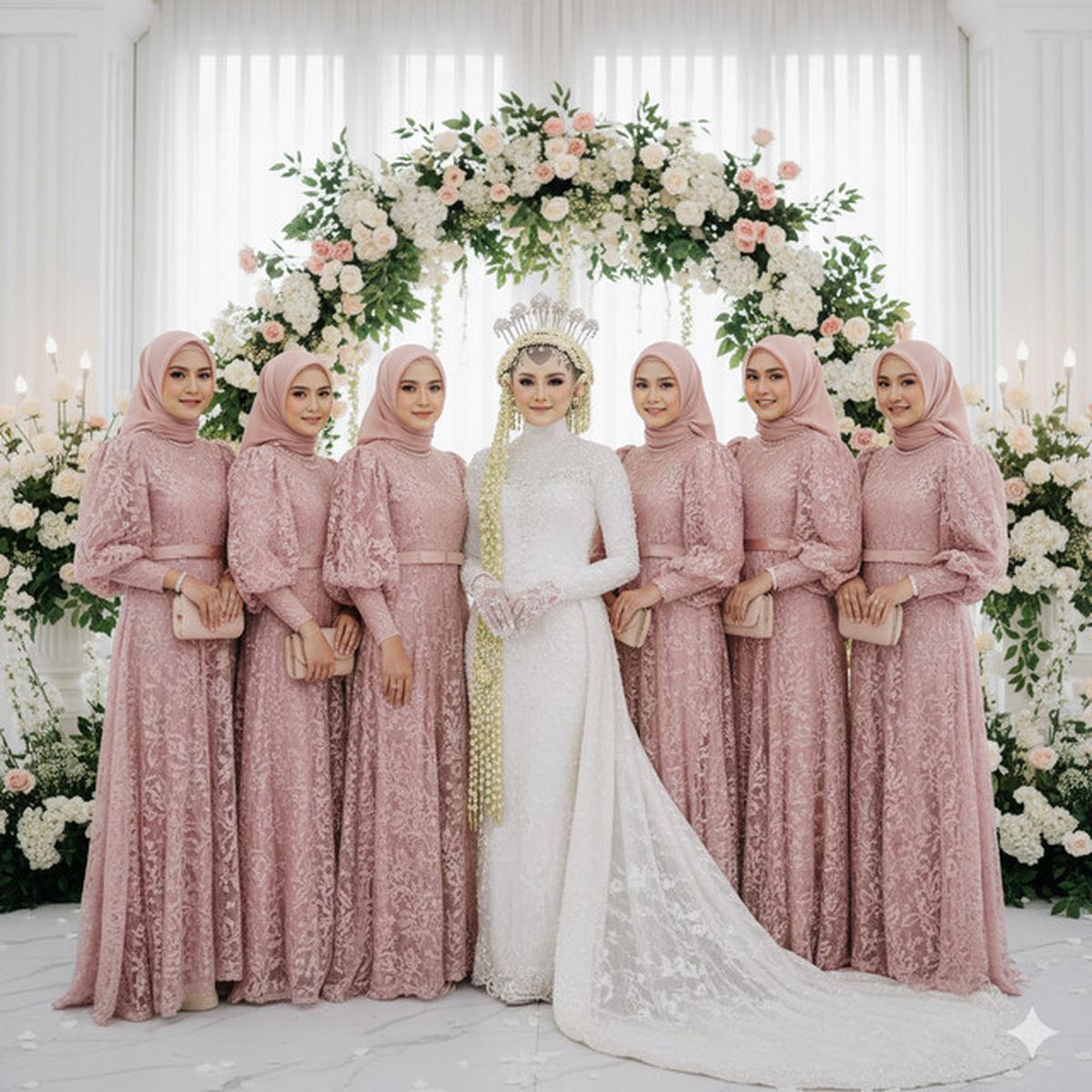 7 Model Gamis Brokat Soft Color Tapi Tetap Tampil Stand Out untuk Bridesmaid Berhijab 2025