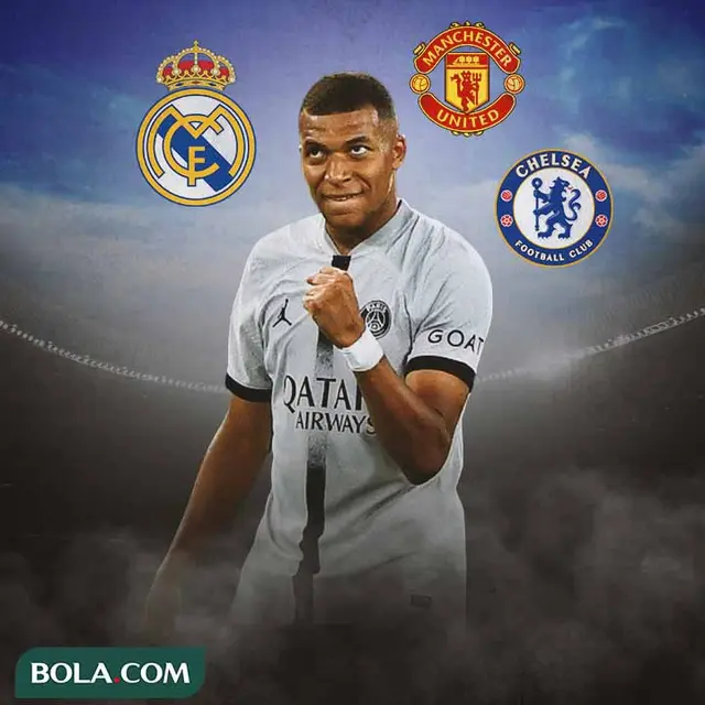 Ilustrasi - Kylian Mbappe dengan Logo Real Madrid, Manchester United, dan Chelsea