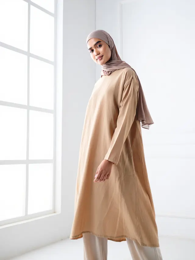 Midi Dress Muslim Kombinasi Linen Nyaman untuk Sehari-hari