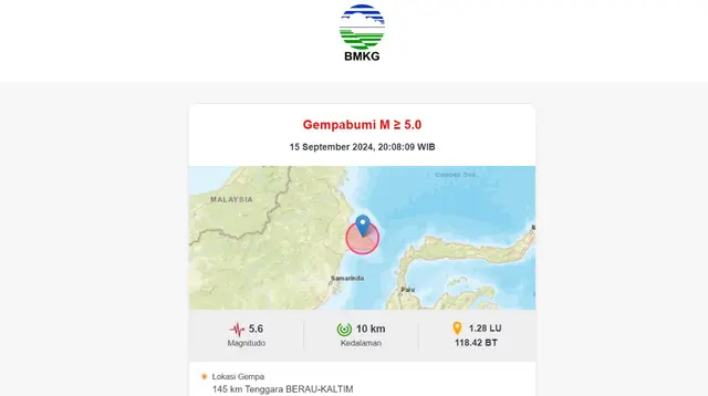 Di akhir pekan, Minggu (15/9/2024) gempa terkini menggetarkan pukul 20:08:09 WIB di wilayah Berau, Provinsi Kalimantan Timur (Kaltim). (www.bmkg.go.id)