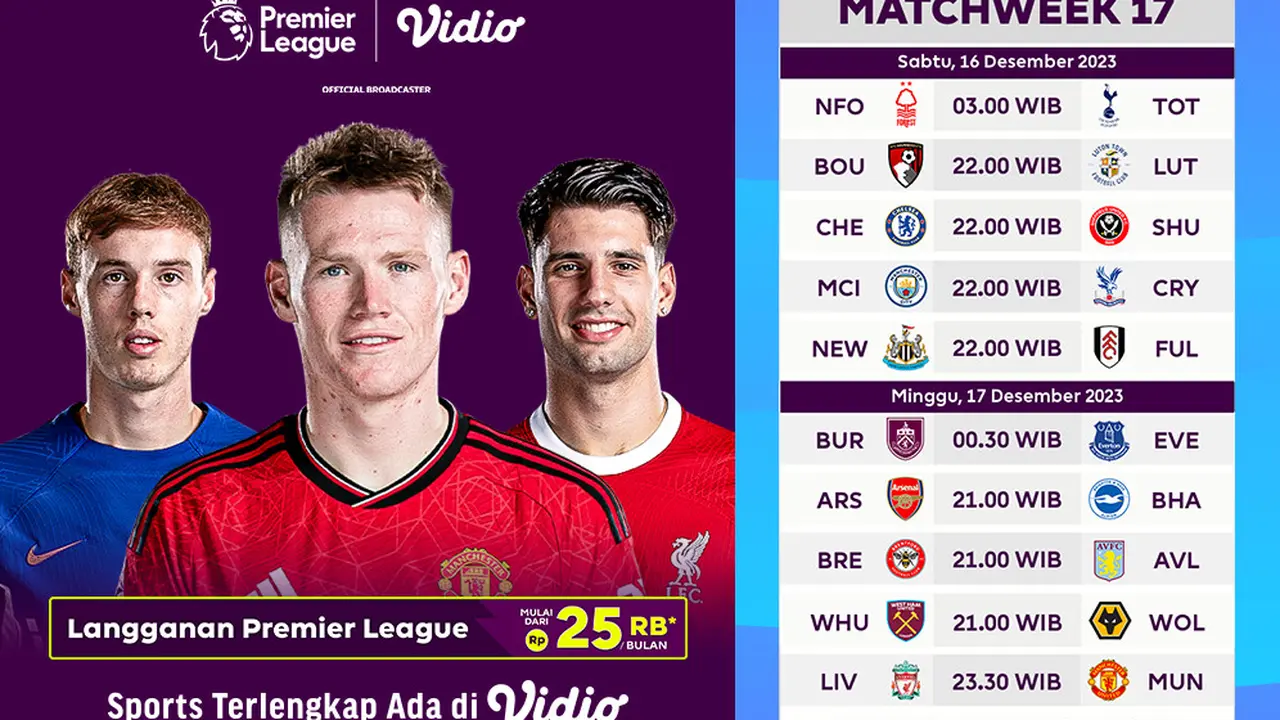 Jadwal dan Live Streaming Liga Inggris Gameweek 17 di Vidio