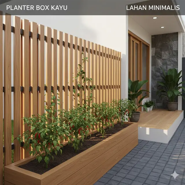 Menanam Cabai di Planter Box Kayu Memanjang di Bawah Pagar (Gemini AI)