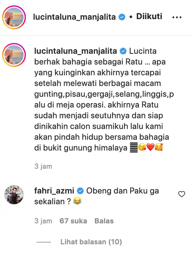 Unggahan Lucinta Luna. (Foto: Dok. Instagram @lucintaluna_manjalita)