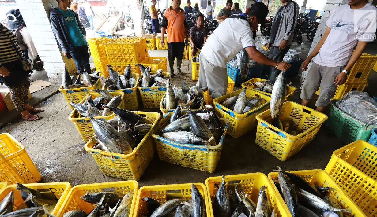 Nelayan memindahkan ikan laut hasil tangkapan di Pelabuhan Muara Angke, Jakarta, Kamis (26/10). Menurut Kementerian Kelautan dan Perikanan (KKP), ekspor produk perikanan tercatat sebanyak 510.050 ton pada semester I-2018. (Liputan6.com/Angga Yuniar)