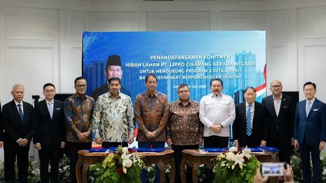 Penandatanganan komitmen hibah lahan PT Lippo Cikarang Tbk kepada negara untuk mendukung program 3 juta rumah bagi masyarakat berpenghasilan rendah (MBR) di Gedung Danantara, Jakarta, Senin (29/6/2026). (Dok. Lippo)