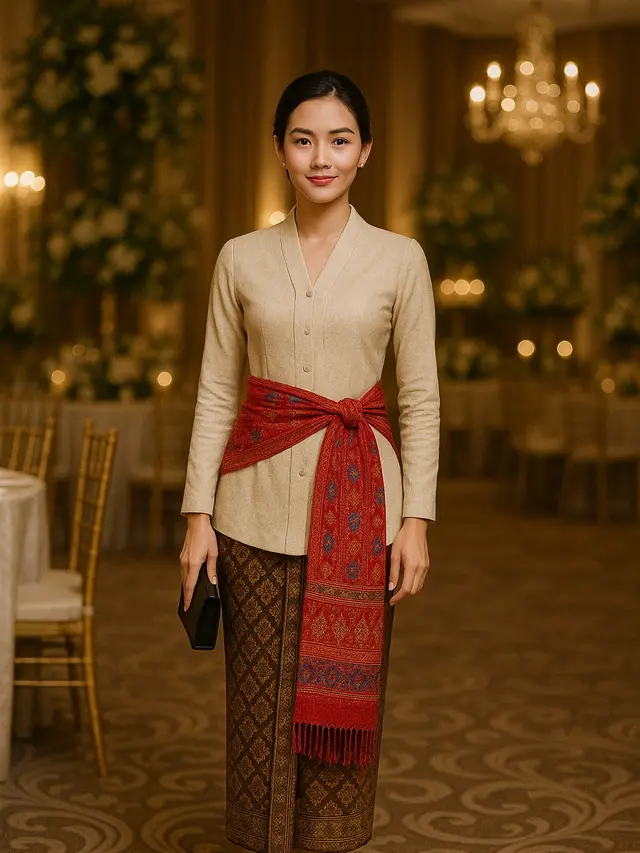 Model Kebaya Panjang dengan Selendang Ikat Samping Pinggang