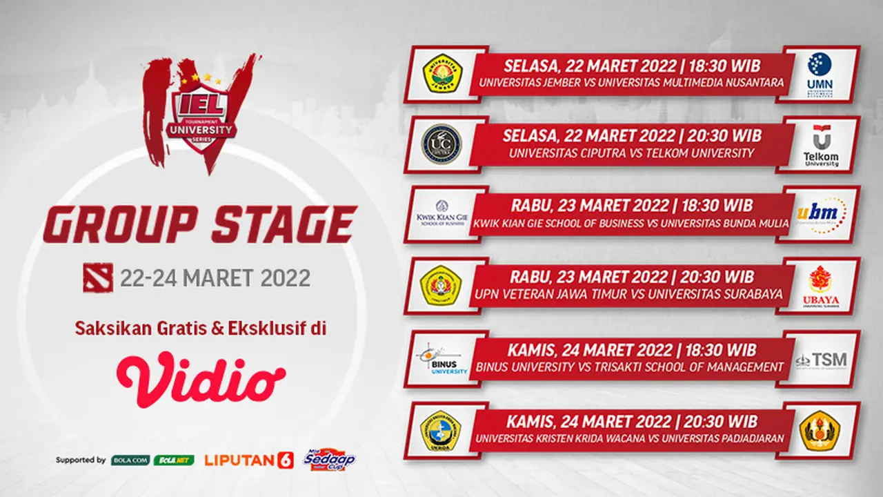 Link Live Streaming IEL University Season 4 Dota 2 Group Stage Pekan Ketujuh di Vidio, 22-24 Maret 2022