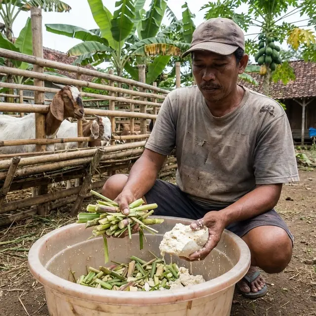 Pakan ternak pucuk tebu dan ampas tahu (Gemini AI)