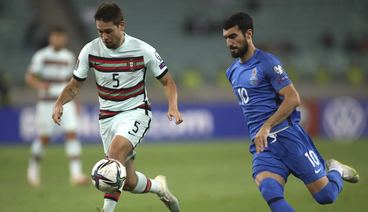 Bek Portugal, Raphael Guerreiro mengontrol bola dari kawalan pemain, Mahir Emreli pada pertandingan kualifikasi grup A Piala Dunia 2022 di stadion Olimpiade di Baku, Azerbaijan, Selasa (7/9/2021). Portugal menang telak atas Azerbaijan 3-0. (AP Photo/Aziz Karimov)