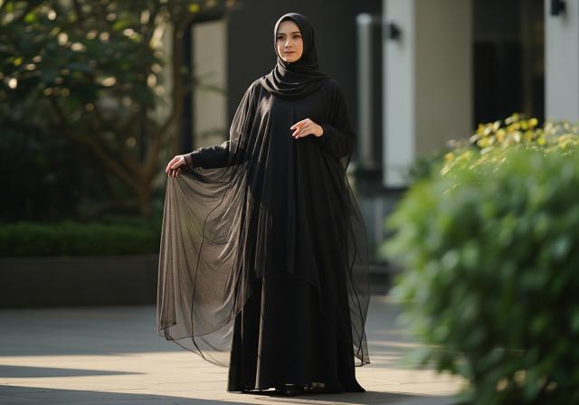 8. Gamis Hitam Kombinasi Tulle