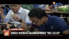 Sandiaga Uno makan mie celor khas Kota Palembang sampil mendengar keluhan pedagang di Pasar 26 Ilir.