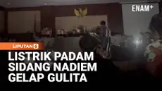 Mantan Mendikbudristek, Nadiem Makarim, membacakan pledoi di ruang sidang Pengadilan Tipikor Jakarta, Selasa (2/6/2026). Sempat terjadi mati lampu di tengah-tengah pembacaan pleidoi.
