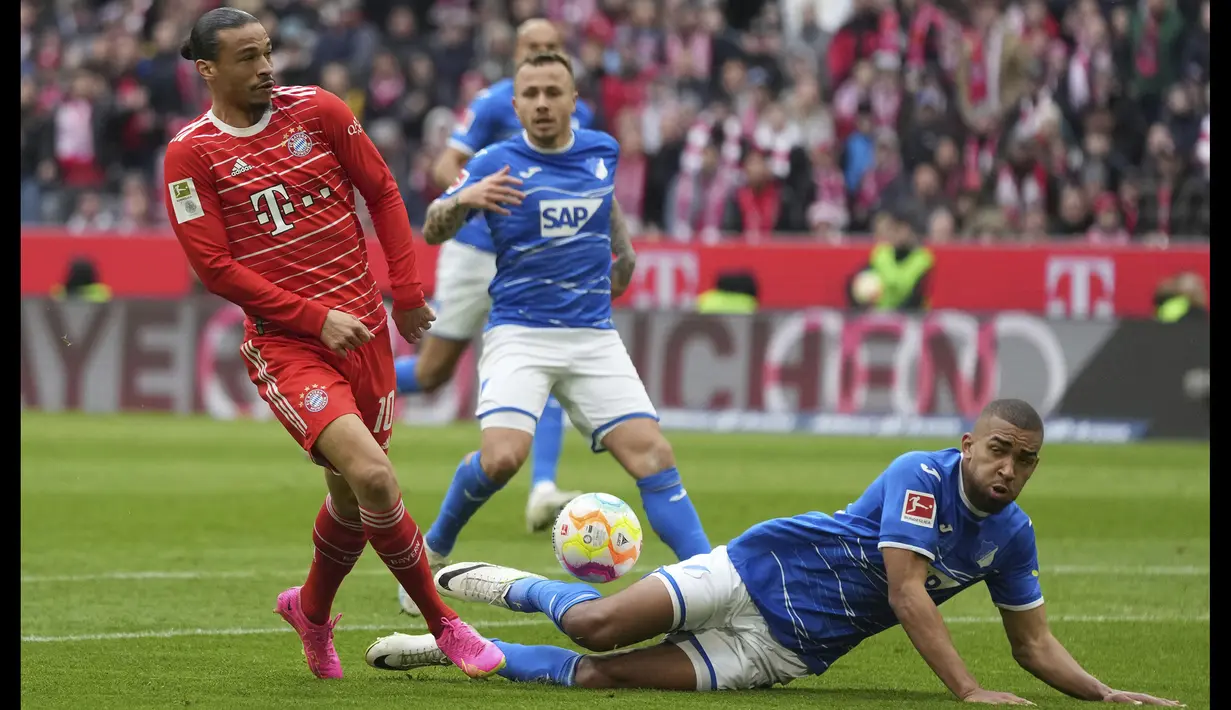 Pemain Bayern Munchen, Leroy Sane (kiri) berebut bola dengan pemain TSG Hoffenheim saat laga lanjutan Liga Jerman 2022/2023 di Allianz Arena, Munchen, Senin (17/04/2023) WIB. (AP Photo/Matthias Schrader)