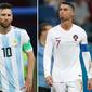 Superstar Argentina Lionel Messi dan Cristiano Ronaldo dari Portugal. Piala Dunia 2022 Qatar&nbsp;kemungkinan menjadi kesempatan terakhir untuk Mesis dan Ronaldo untuk memenangkan turnamen empat tahunan itu. (Adrian DENNIS, Roman KRUCHININ / AFP)