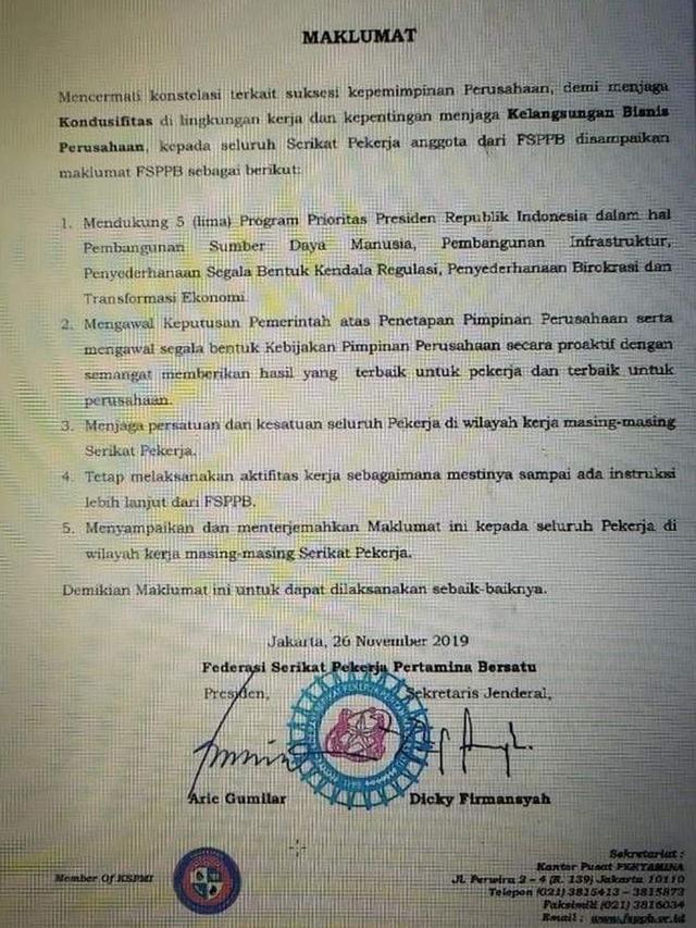 Maklumat Federasi Serkiat Pekerja Pertamina Bersatu (FSPPB).