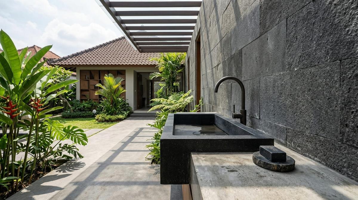 Model Tempat Cuci Tangan di Teras dengan Material Batu Alam