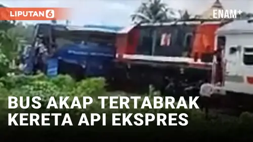 VIDEO: Kereta Api Ekspres Rajabasa Tabrak Bus AKAP, 1 Penumpang Meninggal Dunia