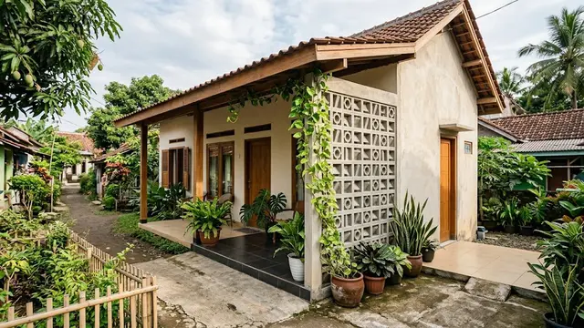 Desain Rumah Kampung dengan Roster dan Tanaman