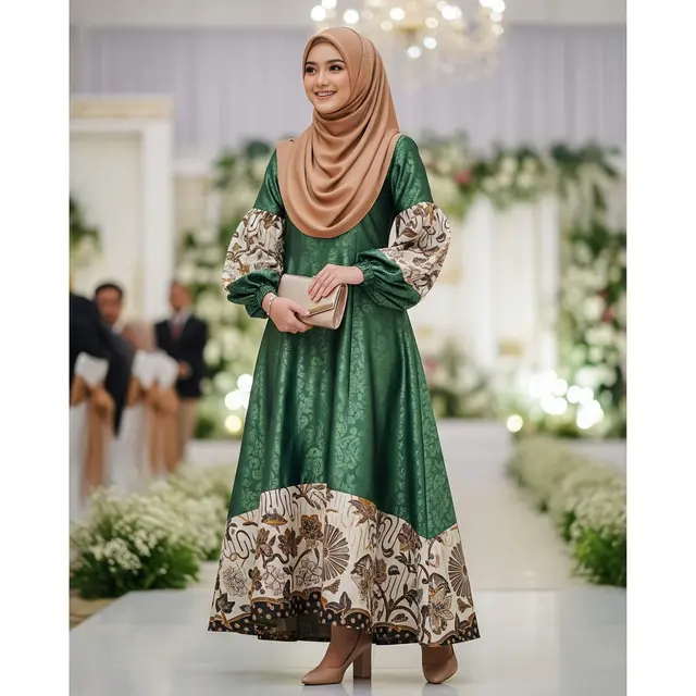 Gamis Hijau Zamrud Kombinasi Batik dan Hijab Nude Trend 2025