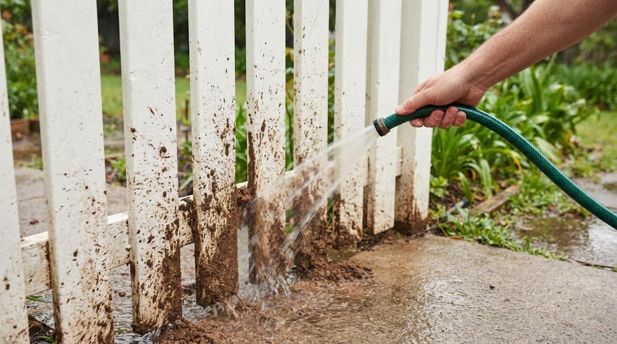 Bilas Pagar dengan Air untuk Menghilangkan Tanah yang Menempel