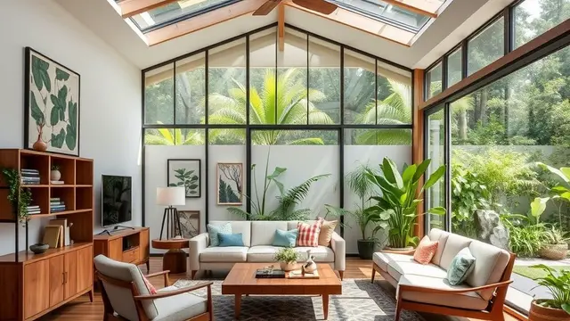 rumah gaya mid-century modern (ilustrasi by qwen.ai)
