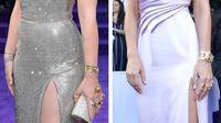 Scarlett Johansson dan Brie Larson pakai perhiasan ala karakter Thanos di world premiere Avengers: Endgame di Los Angeles, Amerika. (AMY SUSSMAN / GETTY IMAGES NORTH AMERICA / AFP)