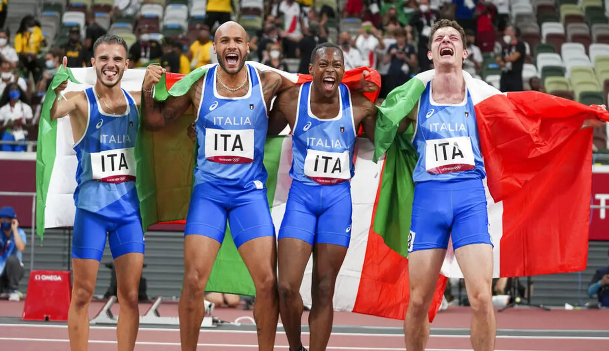 Diwakili Lorenzo Patta, Marcell Jacobs, Eseosa Desalu dan Filippo Tortu, Italia bukanlah unggulan. Apalagi ada Jamaika yang lolos ke final dengan catatan waktu terbaik, yakni 37,82 detik. (Foto: AP/Matthias Schrader)