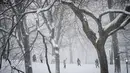 Orang-orang mengambil foto di Central Park saat badai salju melanda New York, Senin, (1/2/2021). Badai salju menyebabkan timbunan salju setinggi satu kaki di sepanjang wilayah pesisir timur Amerika Serikat, termasuk New York. (AP Photo/Wong Maye-E)