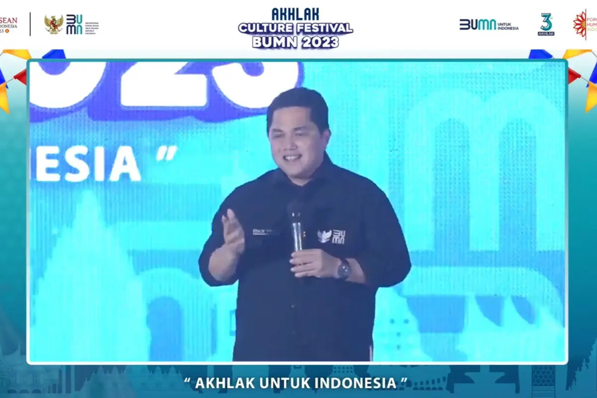 Menteri BUMN Erick Thohir dalam puncak Akhlak Culture Festival, di Menara BRILian, Jakarta, Senin (4/9/2023). (Arief/Liputan6.com)