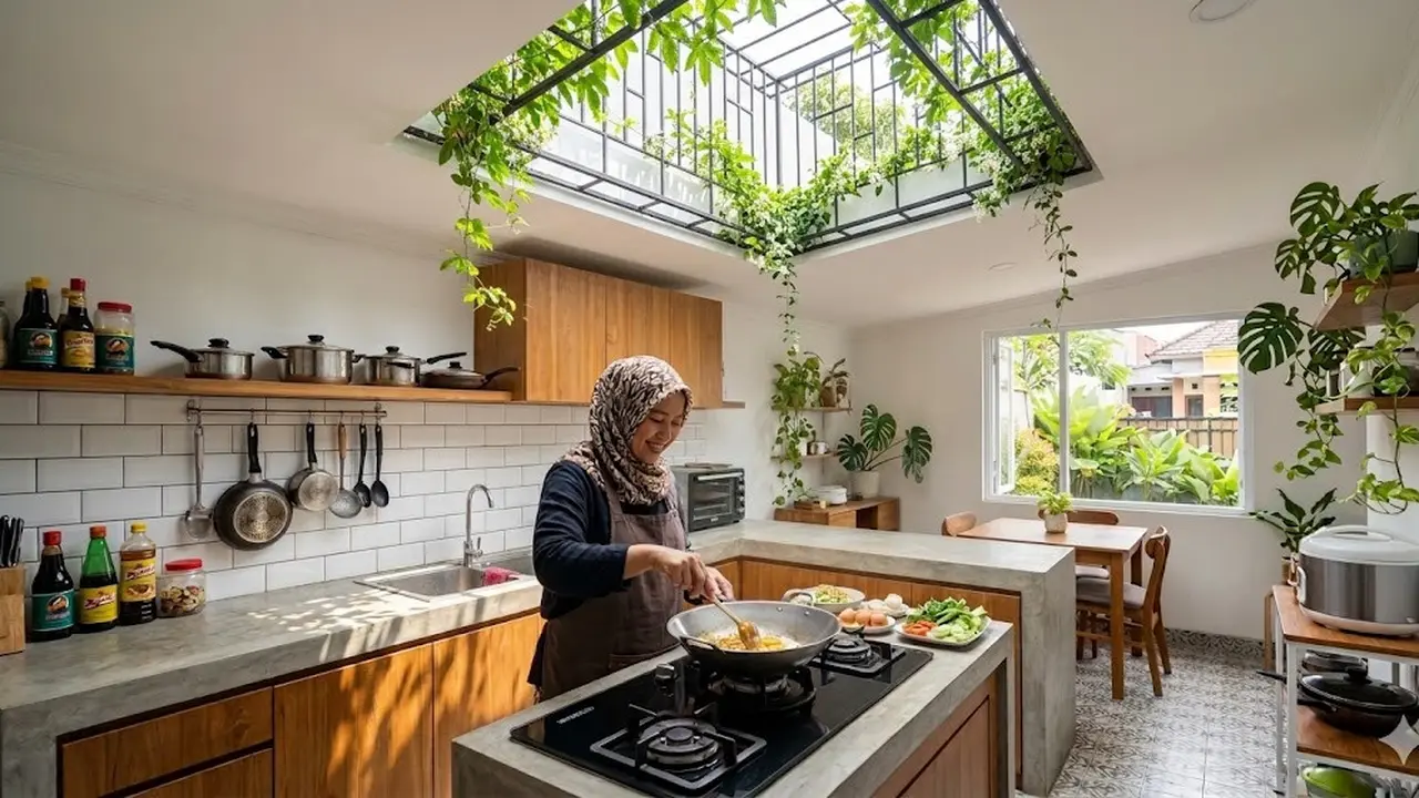 Dapur Void Terbuka dengan Tanaman Rambat (Gemini AI)