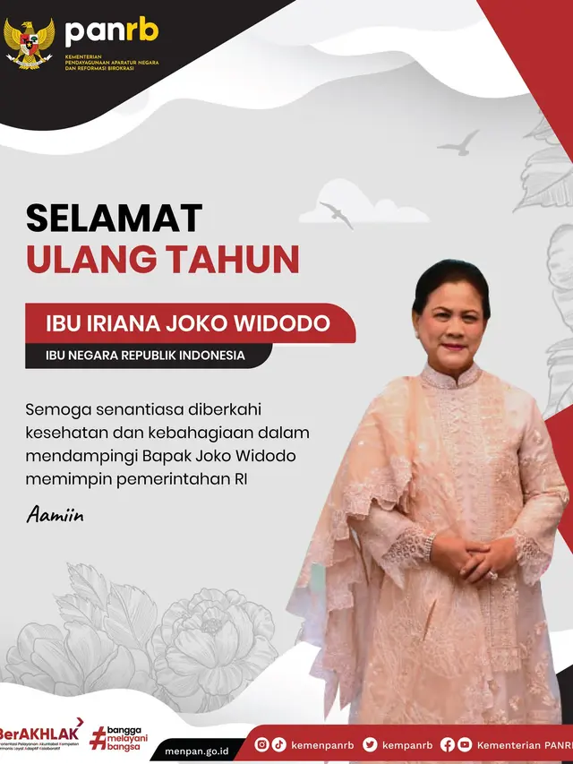 Ucapan Selamat Ultah untuk Iriana Jokowi oleh Kementerian Pendayagunaan Aparatur Negara dan Reformasi Birokrasi. (Twitter/ kempanrb)