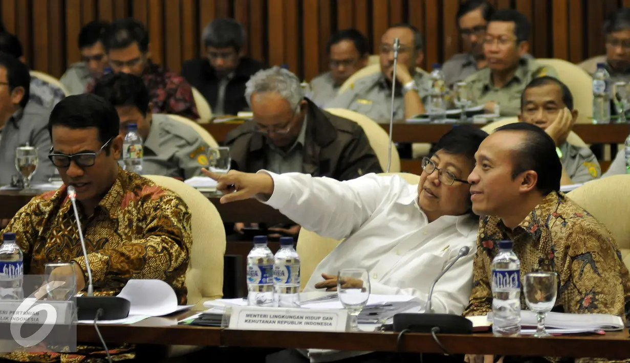 Menteri Lingkungan Hidup dan Kehutanan Siti Nurbaya (tengah) saat mengikuti rapat kerja dengan Komisi IV DPR, Jakarta, Kamis (19/11). Rapat itu membahas Rencana Kerja & Anggaran Kementerian Negara/Lembaga (RKAKL). (Liputan6.com/Johan Tallo)