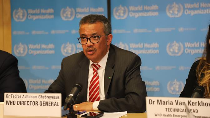 Direktur Jenderal Organisasi Kesehatan Dunia (WHO) Tedros Adhanom Ghebreyesus berbicara dalam sebuah konferensi pers di Jenewa, 11 Maret 2020. WHO menyatakan wabah COVID-19 dapat dikategorikan sebagai 