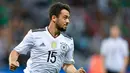 Penyerang Jerman, Amin Younes melakukan selebrasi usai mencetak ke gawang Meksiko pada pertandingan semifinal Piala Konfederasi 2017 di Stadion Fisht, Sochi, Rusia, (29/6). Jerman menang 4-1 atas Meksiko. (AP Photo/Martin Meissner)